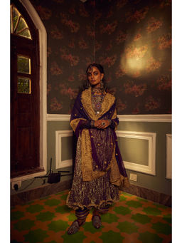 Etasha by Asha Jain - The Purple Anarkali with Dupatta and Pant (Set of 3)