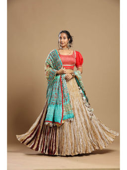 Etasha by Asha Jain - Beige Dupatta with Textured Lehenga and Blouse (Set of 3)
