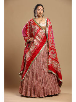 Etasha by Asha Jain - Pink Bandani Dupatta with Textured Lehenga and Blouse (Set of 3)