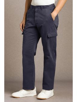Louis Philippe - Men Navy Blue Solid Flat Front Casual Trousers