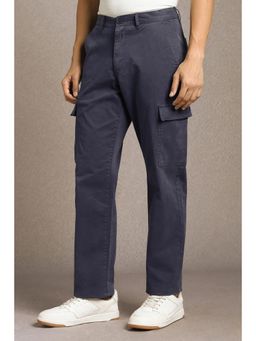 Louis Philippe - Men Navy Blue Solid Flat Front Casual Trousers