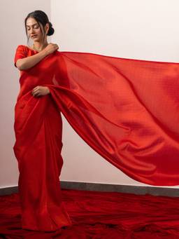 Triyah - Kalyani Red Jaal Work Soft Silk Saree With Unstitched Blouse Fabric
