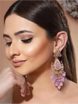 Priyaasi - Purple Studded Leaf Beaded Gold-Plated Drop Earrings