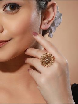 Priyaasi - Red & Green Stone Studded Floral Gold-Plated Ring