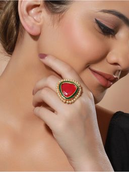 Priyaasi - Red Stone Studded Pearl Gold-Plated Ring
