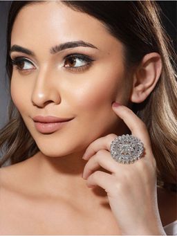 Priyaasi - Round Floral American Diamond Silver-Plated Ring