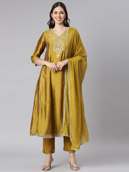 NEERU'S - Floral V-Neck Anarkali Kurta with Pant and Dupatta (Set of 3)