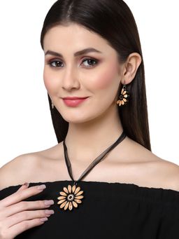 Anekaant - Beige and Gold Floral Paper Quilling Necklace with Earrings (Set of 2)