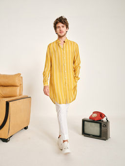 Project Bandi - Yellow Chevron Stripe Malai Cotton Kurta with Pajama (Set of 2)