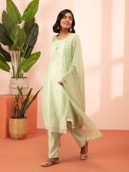Likha - Green Embroidered Kurta With Pant & Dupatta LIKSKD169 (Set of 3)