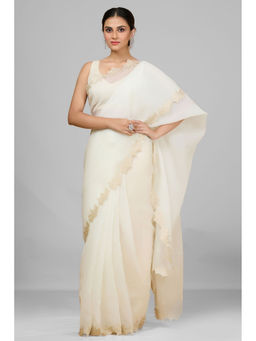 Aparnaa - White Fancy Crush Embroidered Saree and Unstitched Blouse