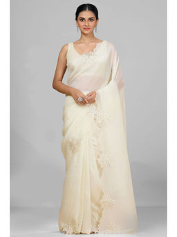Aparnaa - Elegant Off-White Fancy Crush Embroidered Saree and Unstitched Blouse