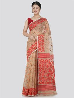 PinkLoom - Women's Soft Cotton Jamdani Saree Without Blouse Piece, Beige