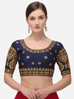 Amrutam Fab - Womens Embroidered Navy Blue Phantom Silk Stiched Blouse With Round Neck