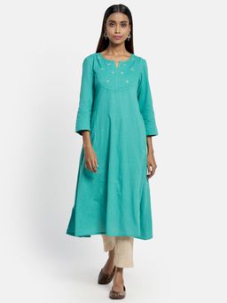 Fabindia - Teal Cotton Embroidered Slim Fit Long Kurta