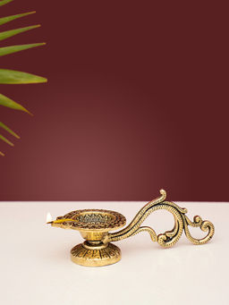 DecorTwist - Brass Handcrafted Diya with Handle for Home Temple, Oil Wick Pooja Aarti Diya