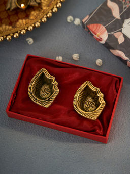 DecorTwist - Auspicious Brass Swastik Diya Set Of 2 With Gift Box