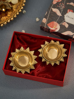 DecorTwist - Brass Tapas Diya With Decorative Base Set Of 2 With Gift Box