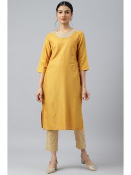 W - Yellow Printed Kurta With Metallic Embroidery