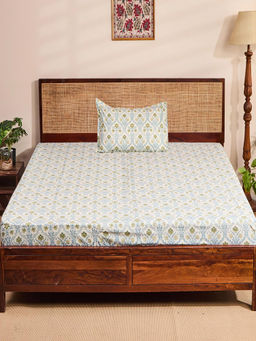 Fabindia - Blue Ziana Cotton Printed Bedsheet with 1 Pillow Cover (Single)