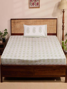 Fabindia - Green Aria Paisley Hand Block Cotton Printed Bedsheet with 1 Pillow Cover (Single)