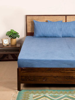 Fabindia - Blue Woven Cotton Bedsheet with 2 Pillow Covers
