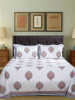 Shahenaz - Ikkat Bahar Pink Cotton Bedsheet with 2 Pillow Covers (Queen)