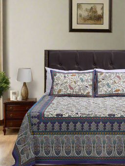 Shahenaz - Ethnic Paisley Blue Cotton Bedsheet with 2 Pillow Covers (Queen)