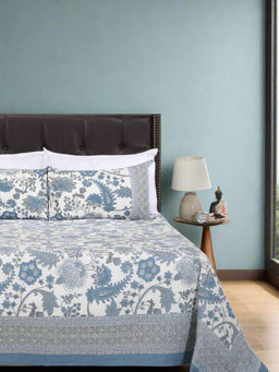 Shahenaz - Floral Grace Blue Cotton Bedsheet with 2 Pillow Covers (King)