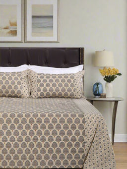 Shahenaz - Vruksh Beige Cotton Bedsheet with 2 Pillow Covers (Queen)