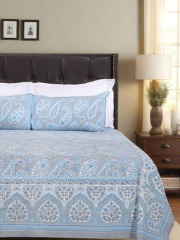 Shahenaz - Shikha Paisley Jaal Blue Cotton Bedsheet with 2 Pillow Covers (Queen)
