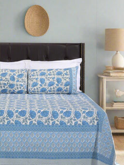 Shahenaz - Sunflower Blue Cotton Bedsheet with 2 Pillow Covers (Queen)