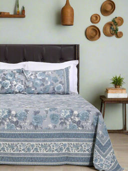 Shahenaz - Rose Floral Escape Blue Cotton Bedsheet with 2 Pillow Covers (King)