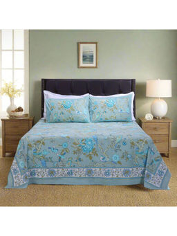 Shahenaz - Rama Paisley Blue Cotton Luxury Bedsheet with 2 Pillow Covers (Queen)