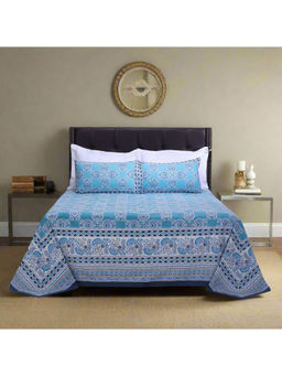 Shahenaz - Azia Floral Blue Cotton Bedsheet with 2 Pillow Covers (King)