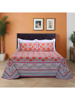 Shahenaz - Azia Floral Orange Cotton Bedsheet with 2 Pillow Covers (King)
