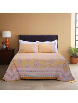 Shahenaz - Jazmine Ethnic Mustard Cotton Bedsheet with 2 Pillow Covers (King)