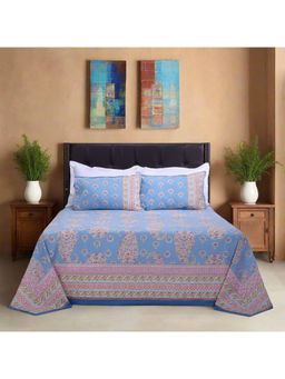 Shahenaz - Jazmine Ethnic Blue Cotton Bedsheet with 2 Pillow Covers (King)