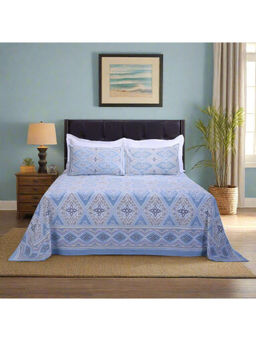 Shahenaz - Ikat Paan New Blue Cotton Bedsheet with 2 Pillow Covers (King)