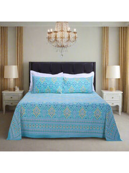 Shahenaz - Kalindi Jaal Turquoise Cotton Bedsheet with 2 Pillow Covers (Queen)