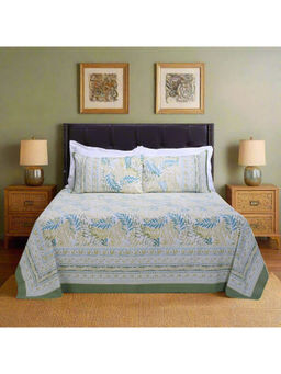 Shahenaz - French Leaves Olive Cotton Bedsheet with 2 Pillow Covers (Queen)