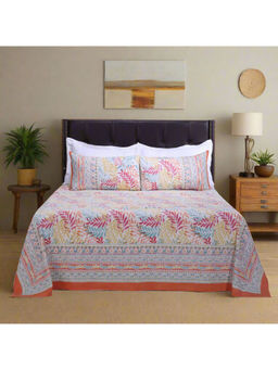 Shahenaz - French Leaves Orange Cotton Bedsheet with 2 Pillow Covers (Queen)