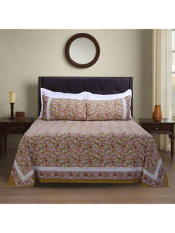 Shahenaz - Maurya Jaal Mehendi Cotton Bedsheet with 2 Pillow Covers (Queen)