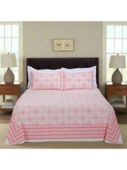 Shahenaz - Ikkat Shofar Peach Cotton Luxury Bedsheet with 2 Pillow Covers (Queen)