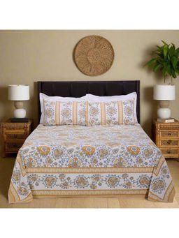 Shahenaz - Gayatri Gaon Dalilah Mustard Cotton Luxury Bedsheet with 2 Pillow Covers (Queen)
