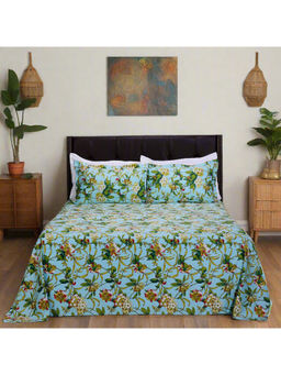 Shahenaz - Azalea Garden Sky Blue Cotton Luxury Bedsheet with 2 Pillow Covers (Queen)