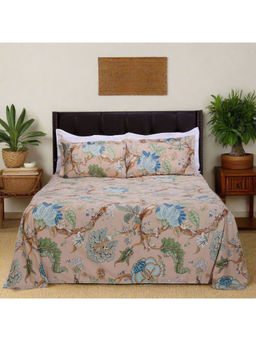 Shahenaz - Magnolia Vine Beige Cotton Luxury Bedsheet with 2 Pillow Covers (Queen)