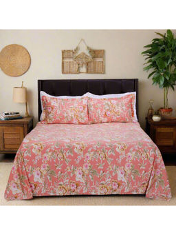 Shahenaz - Dahlia Garden Peach Cotton Luxury Bedsheet with 2 Pillow Covers (Queen)
