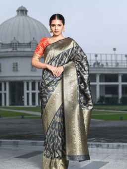 Beatitude - Grey Banarasi Blended Silk Woven Saree with Unstitched Blouse