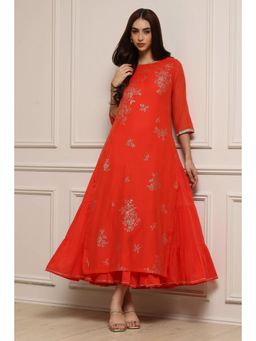 Biba - Red Printed Dress With Cape (Set of 2)